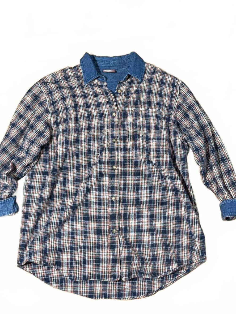 90s Faded Glory Plaid And Denim Button Up Shirt Size XL